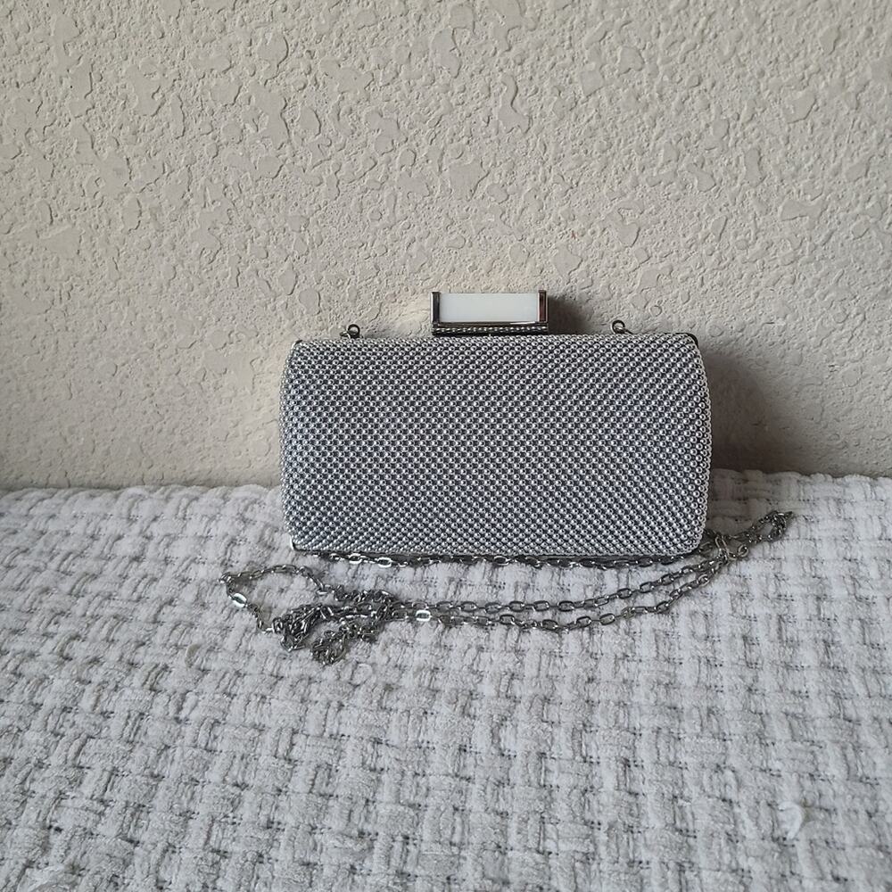 Jessica Mcclintock Clutch Crossbody Platinum Silver Beaded Bag - Picture 1 of 9